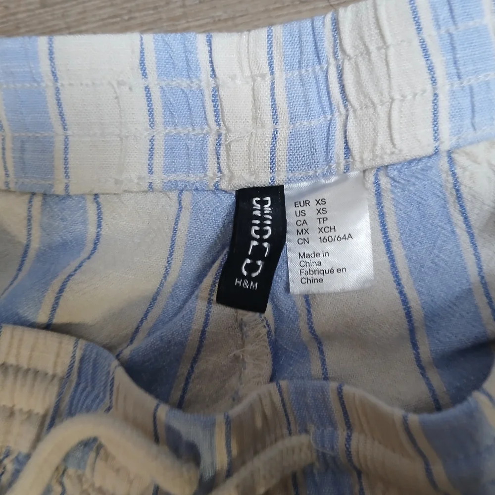 H&M Divided Striped Pants Women XS Blue‎ Cream Linen Blend Boho Wide Leg Ruffle